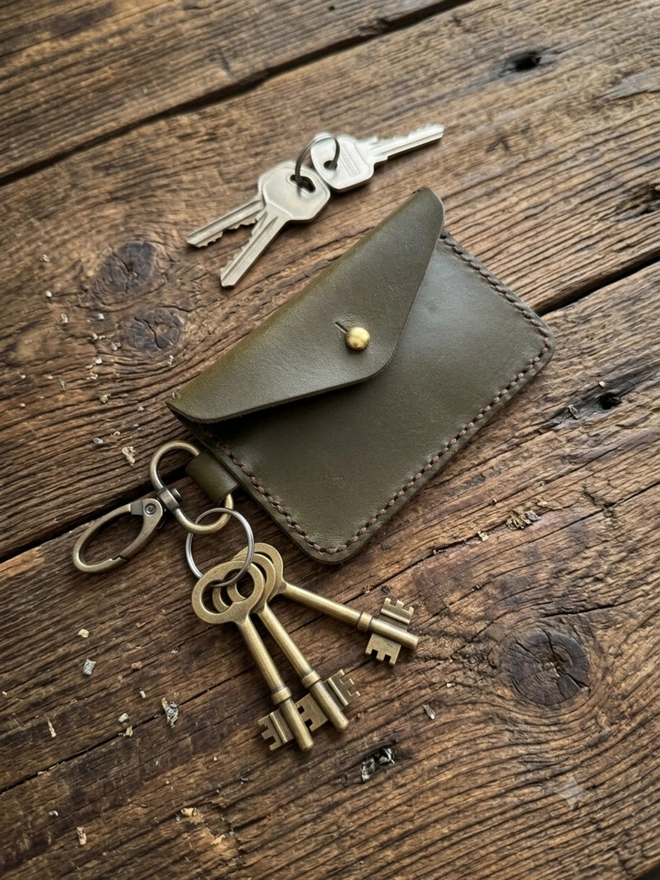 olive green handmade leather card holder