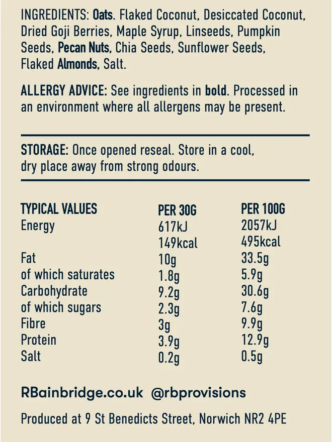 Super Seed Granola Packet, the nutritional information of the granola. 