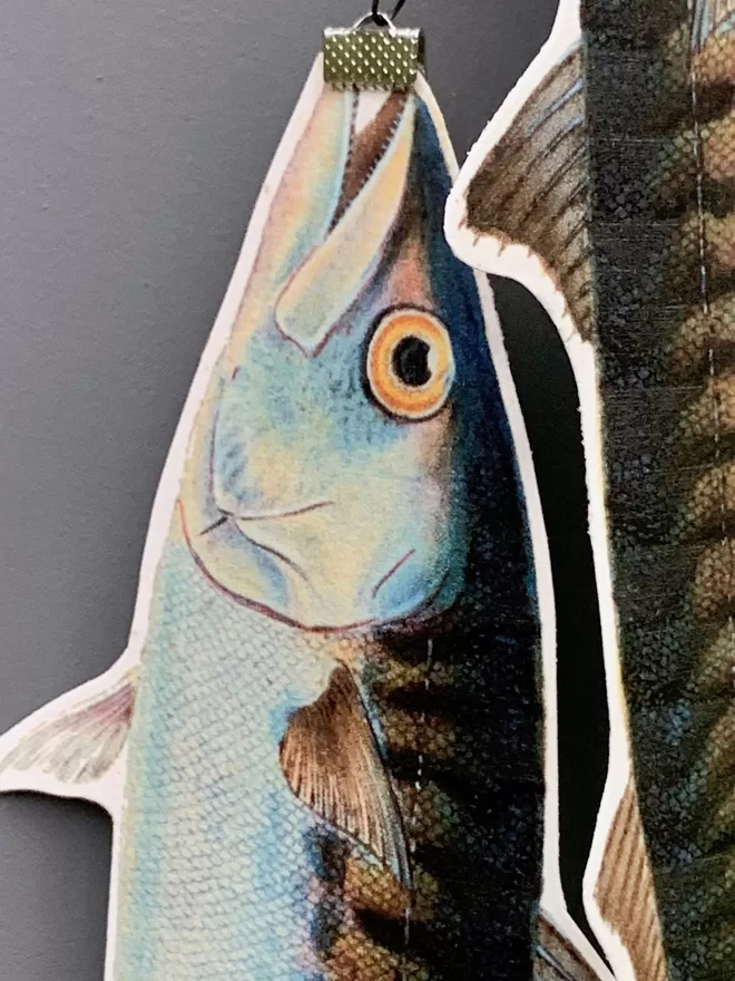Close up detail of a beautiful, colourful paper cut mackerel fish