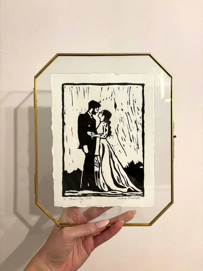 Personalised Handcrafted Linoprints, linoprint of romantic couple. 