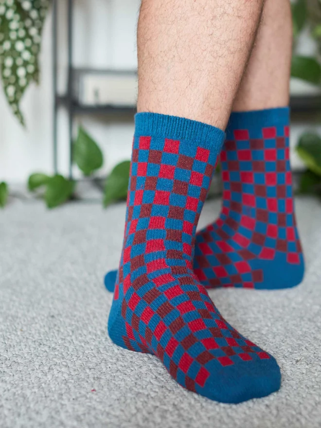 colourful patterned ankle socks, modelled in a colourful room