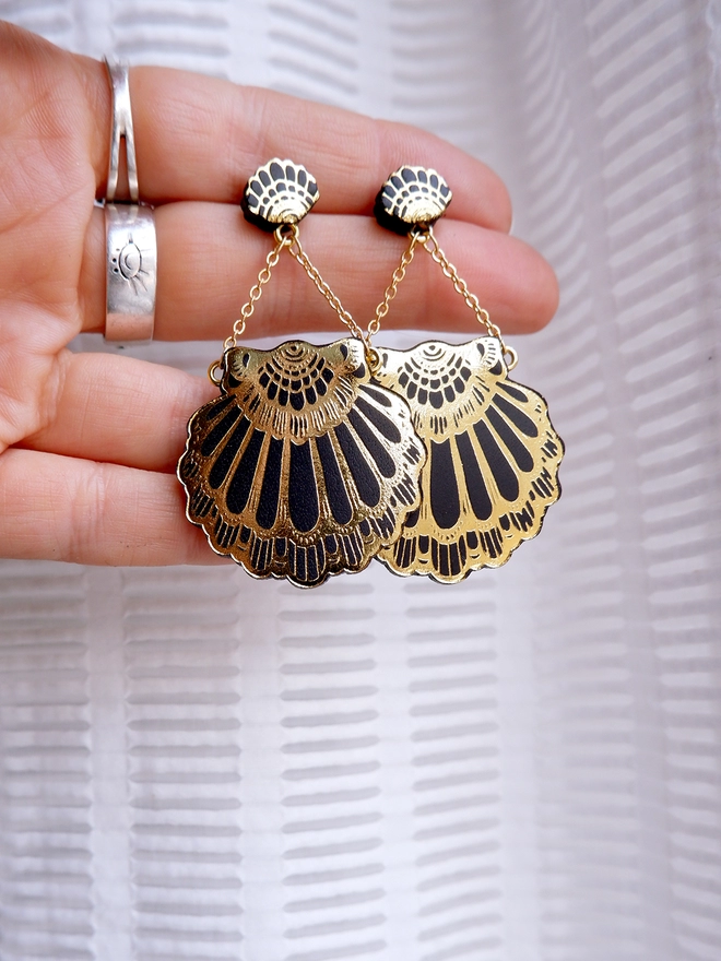 black & gold leather clamshell drop earrings