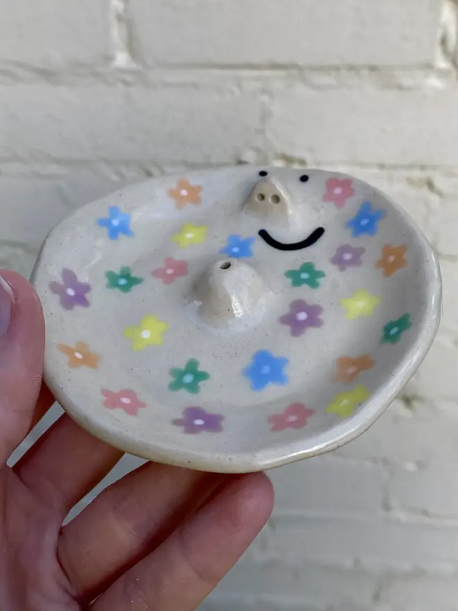 handmade ceramic floral painted incense dish