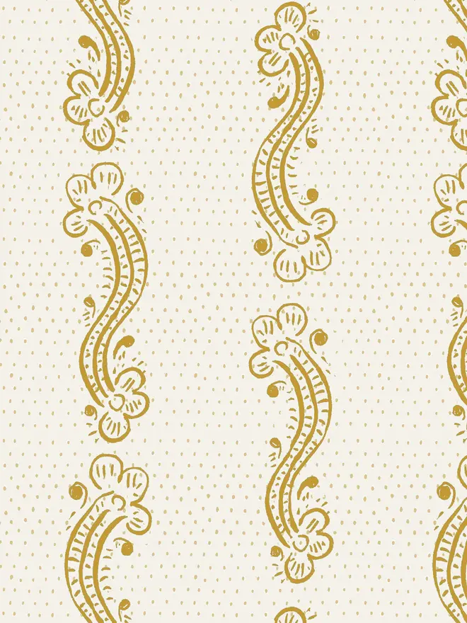 cedilla illustrated patterned wallpaper. a white background wallpaper with mustard yellow squiggle patterns.