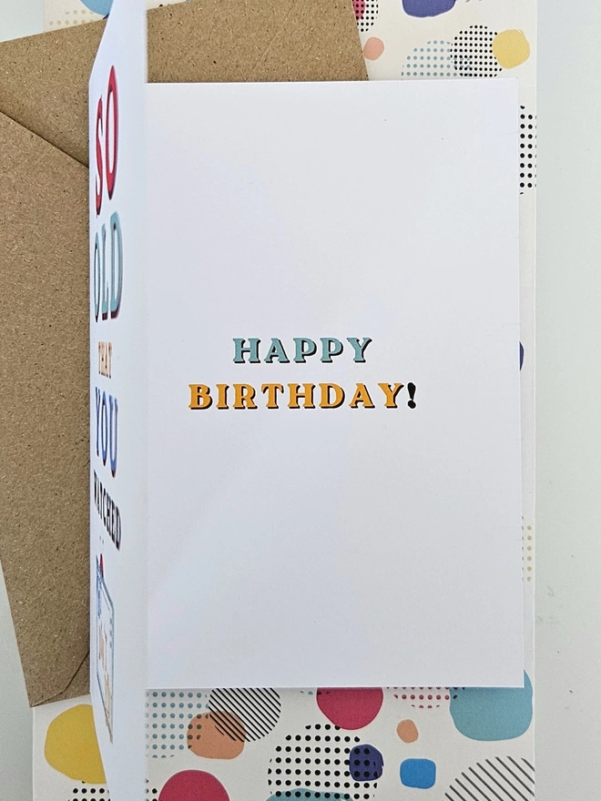 A photograph of the inside of a white card with yellow and light blue text in a retro font that says Happy Birthday!