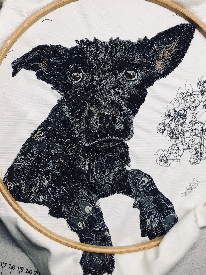 photo showing the making of an embroidered pet portrait of a black dog