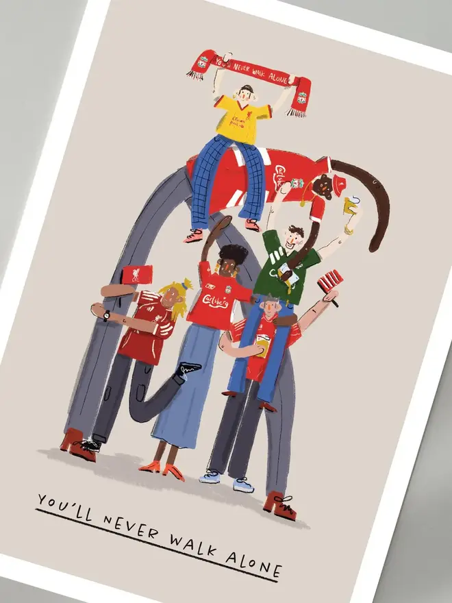 illustrated football team fan print. an illustrated image of football fans in liverpool merchandise with a team quote.