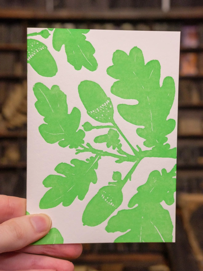 Greetings card held in hand, with studio in background. Printed on front - monochrome green cartoon style section of Oak brance with visible distinctive oak leaves and acorns.