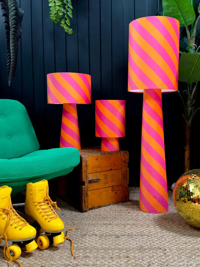 Portable Helter Skelter Velvet Lamps, in a room. 