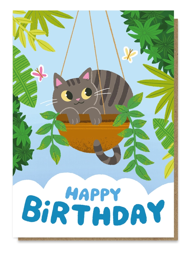 Greeting card with an illustration of a tabby cat sat in a hanging basket
