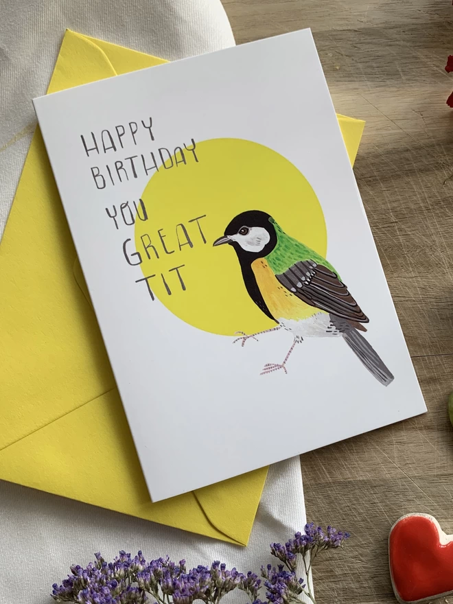 Illustrated Great Tit Birthday card 