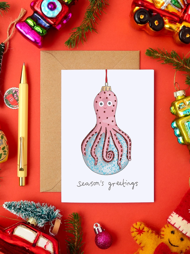 Quirky Christmas Card Featuring an Octopus Tree Decoration