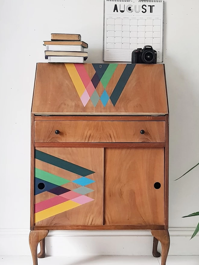 Harlequin patterned geometric upcycled handpainted vintage bureau desk