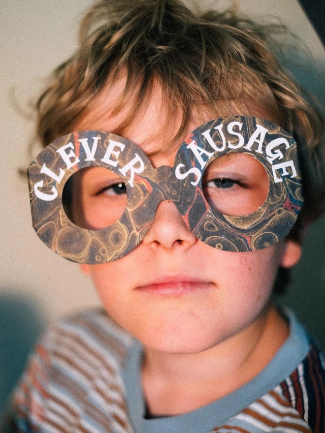 marbled paper glasses card with clever sausage text