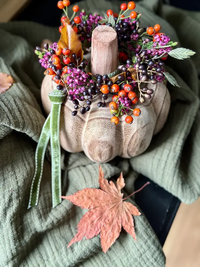 Carved Mango Wood Pumpkin with Heather and Berry Crown