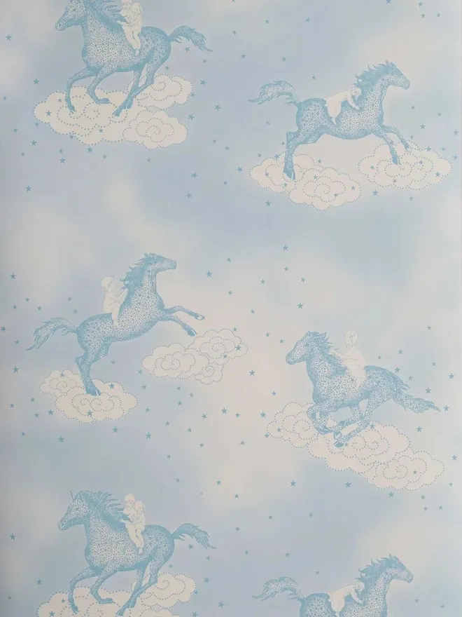 Popcorn Soft Blue Galloping Stardust Horses Wallpaper