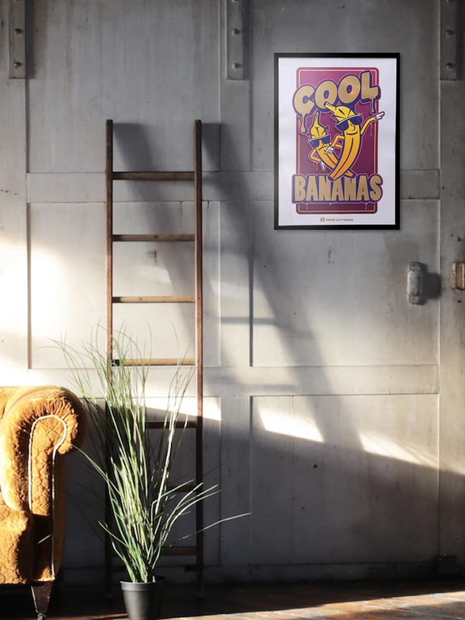 'Cool Bananas' Purple Gold Foil Print on metal wall