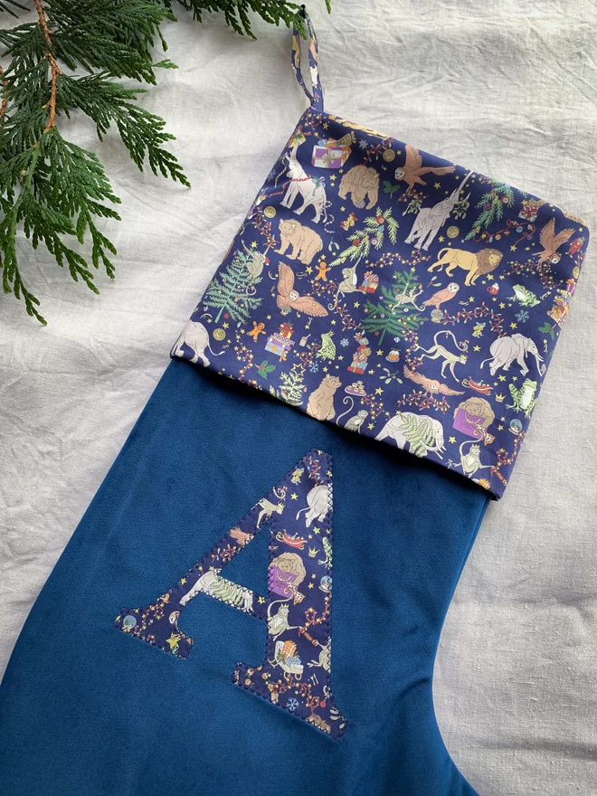 Navy Velvet Stocking with Liberty Print Initial and Cuff