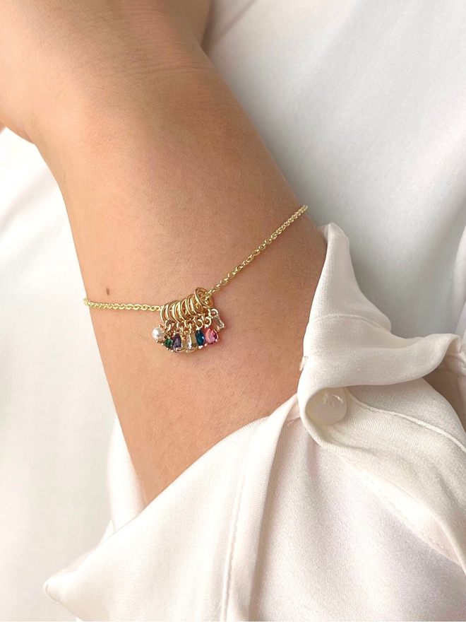 Multi birthstone charm fine gold chain bracelet