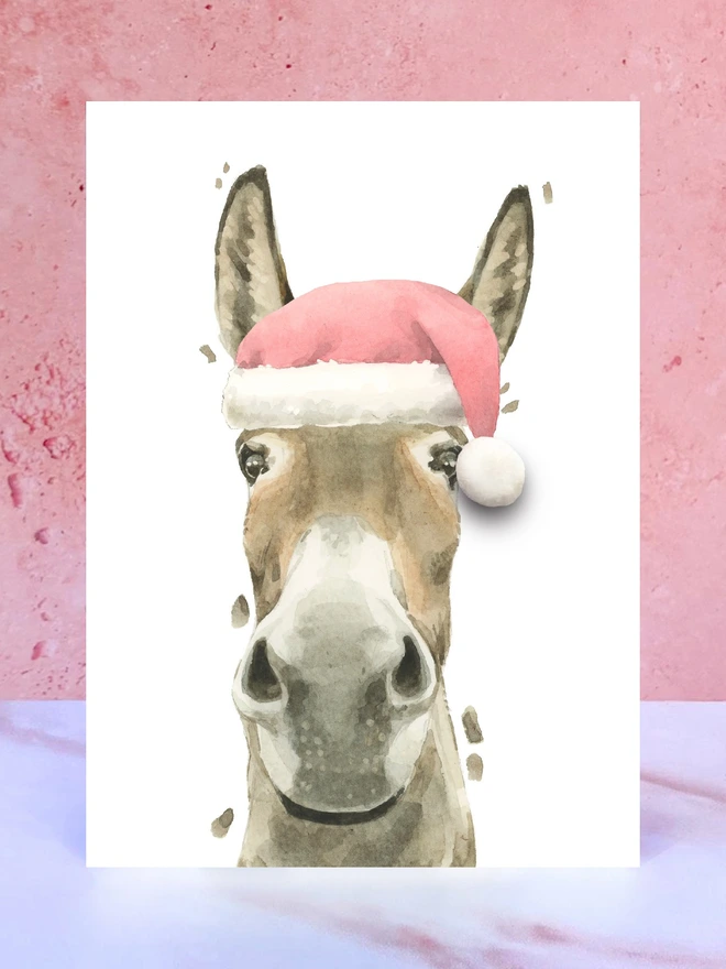 donkey in santa hat christmas card