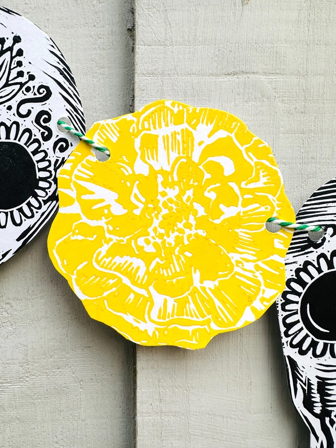 Skull 'Day Of The Dead' Hand Printed Linocut Garland 