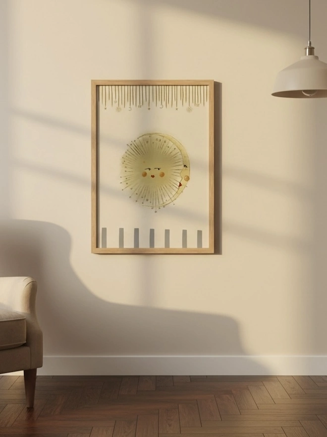 Astral Weeks Art Print, a colourful print with a sun motif hanging from a plain wall in a frame. 