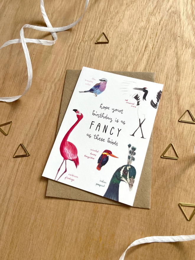 greetings card featuring five colourful or extravagant looking birds around the phrase “hope your birthday is as fancy as these birds”