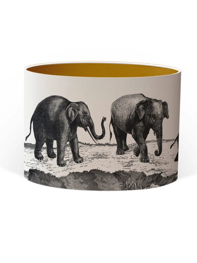 Handmade lampshade featuring adorable mischievous baby elephants playing together, inspired by Whipsnade Zoo, with a playful animal design.