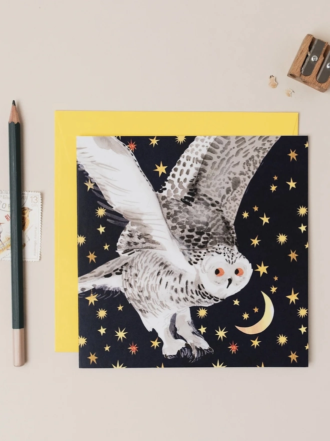 Starry Snowy Owl Greetings Card