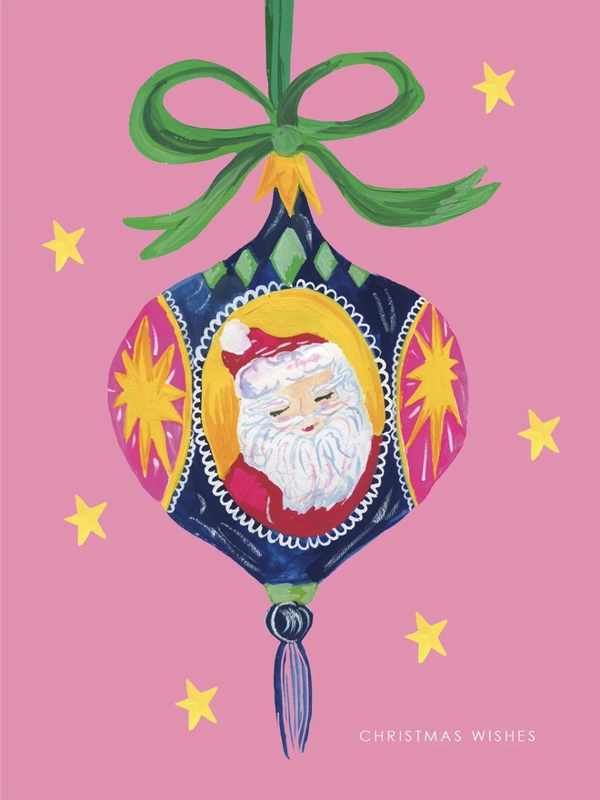 'Christmas Wishes', Bauble Santa Christmas Card