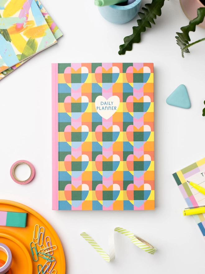 Colourful Raspberry Blossom rainbow heart pattern daily planner