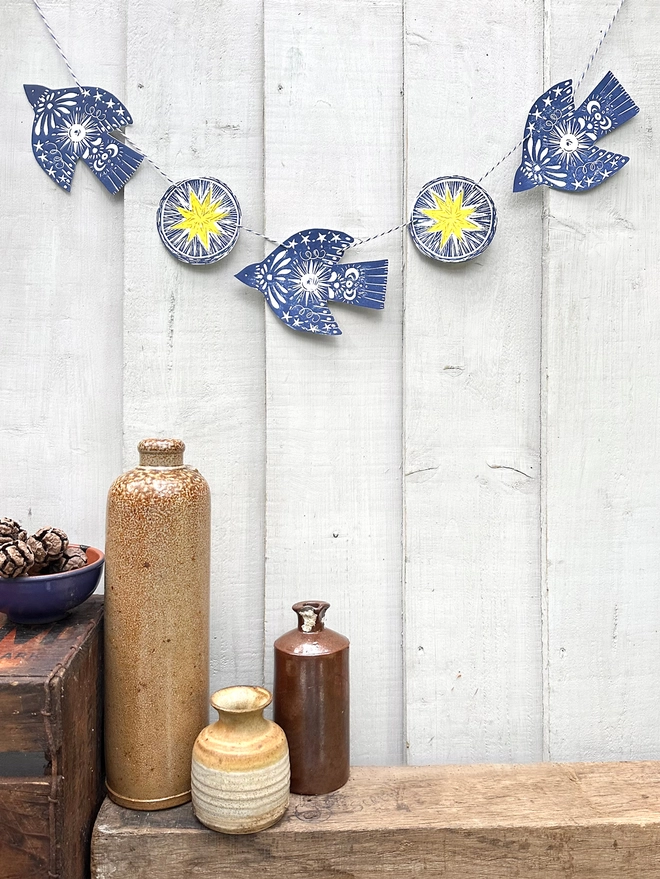 'Twinkle & Flight' Festive Nordic Folk Birds Linocut Garland