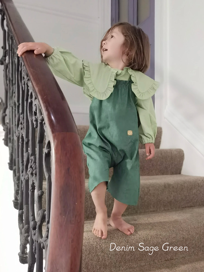 kids short dungarees denim sage green