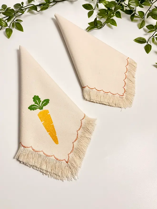 Block Printed Fringe Napkins Carrot (Set Of 2)
