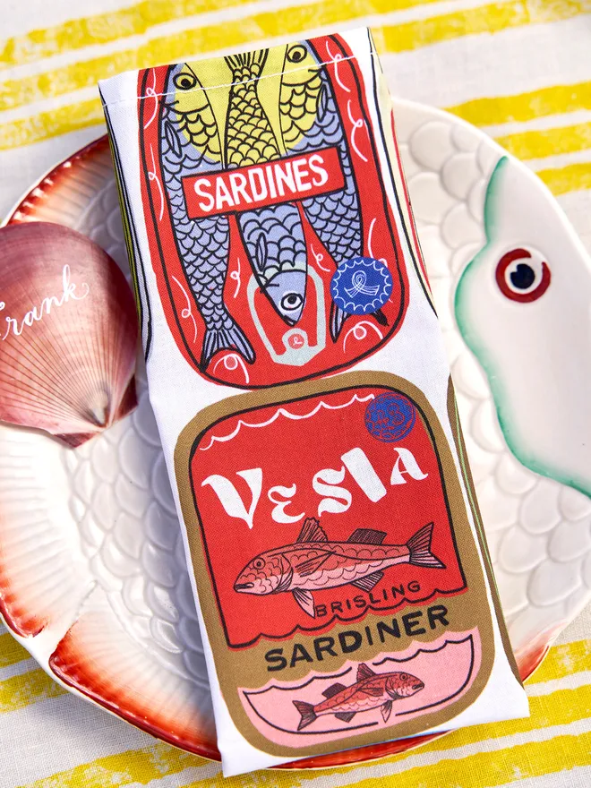 sardine tin design tea towel