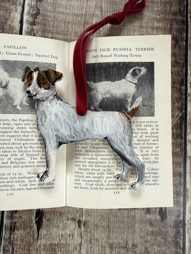 Smooth Haired Jack russell wooden Dog  Christmas Decoration With Red ribbon placed on printed pages in a small book about dogs
