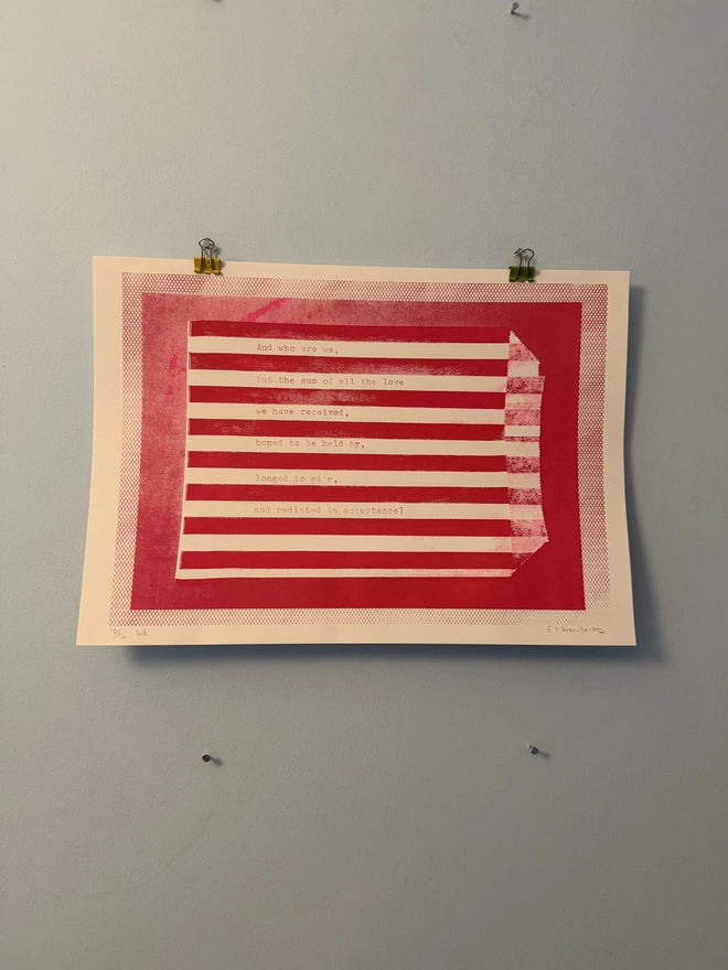 a3 love screenprint in red and pink