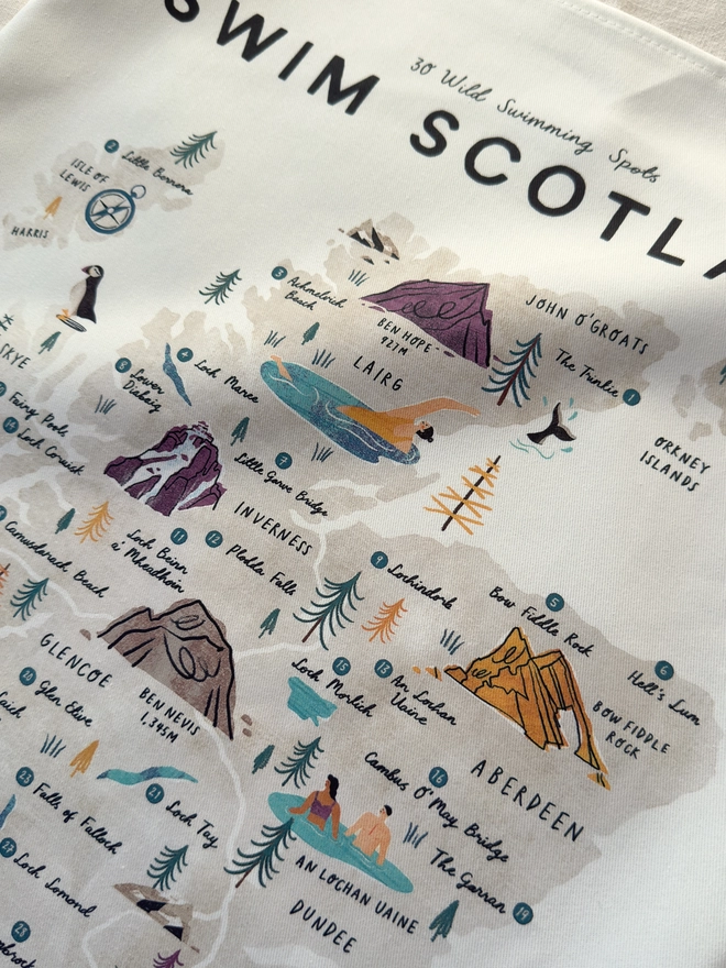 Swim Scotland Map Tea Towel Close Up