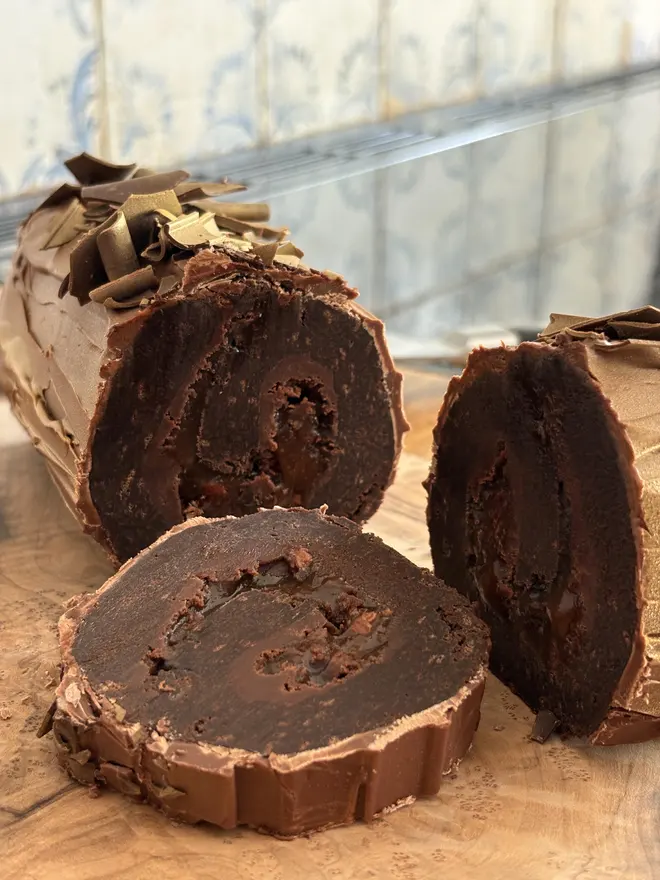 Salted Caramel Yule Log sliced