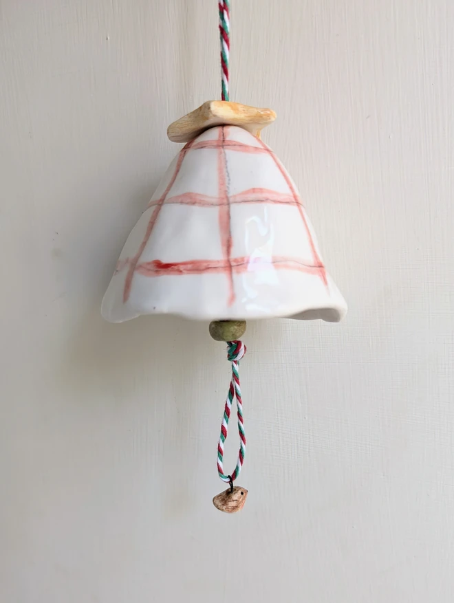 red check robin hanging christmas bell decorationwith miniature ceramic robin and orange star