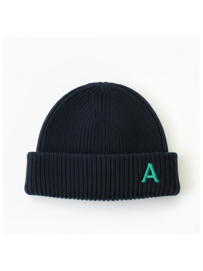 Personalised Embroidered Letter Beanie in Navy