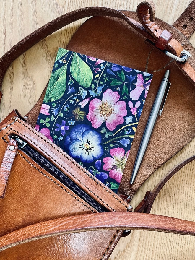 Open Small Leather Bag with Buckle and Long Strap, with Pocket Notebook with Pretty Pressed Flower Design and Pen