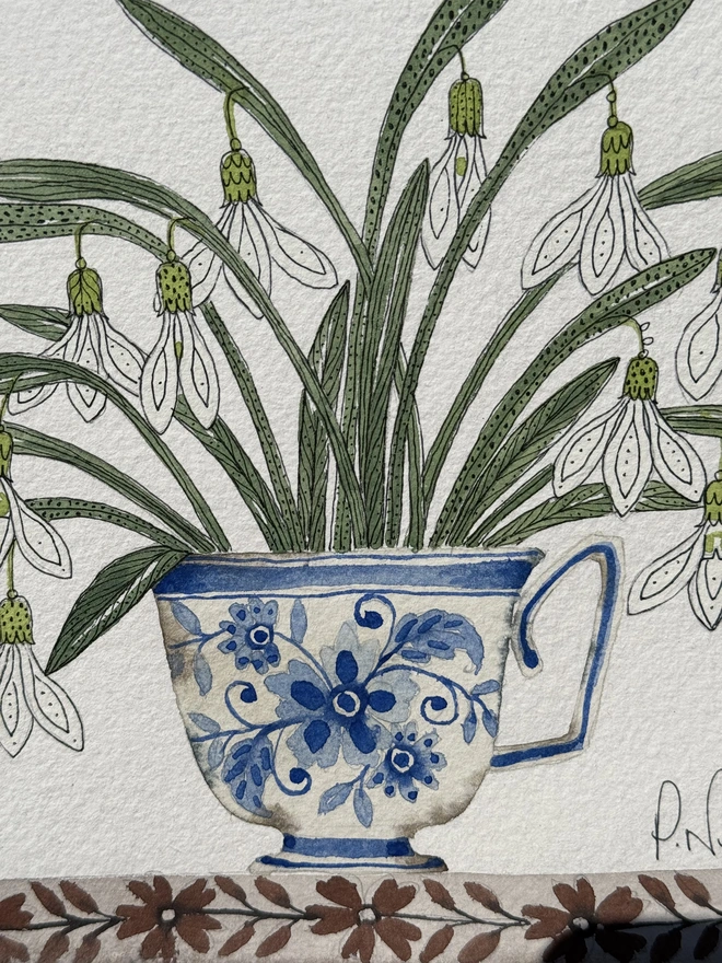 'Snowdrops In Delft Ceramic Mug' Watercolour Painting
