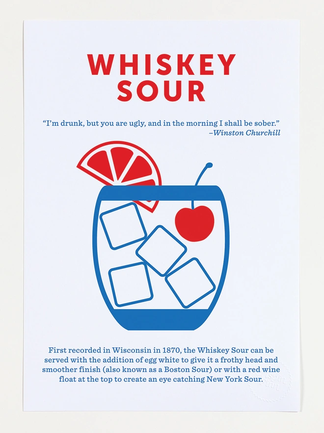 whiskey sour screen print in blue and red