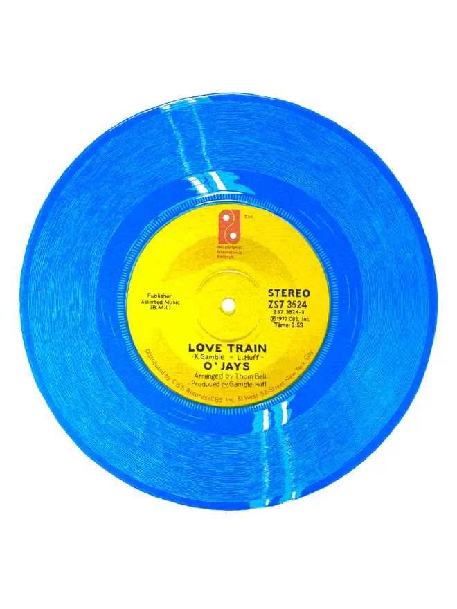 Love Train Blue Vinyl Screen Print on a white background. 
