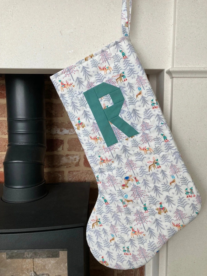 Cooper and Fred Personalised Quilted Christmas Stocking in Elf Forest Print