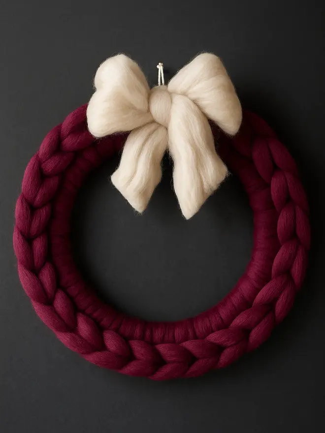 Chunky Knitted Wool Wreath With Bow