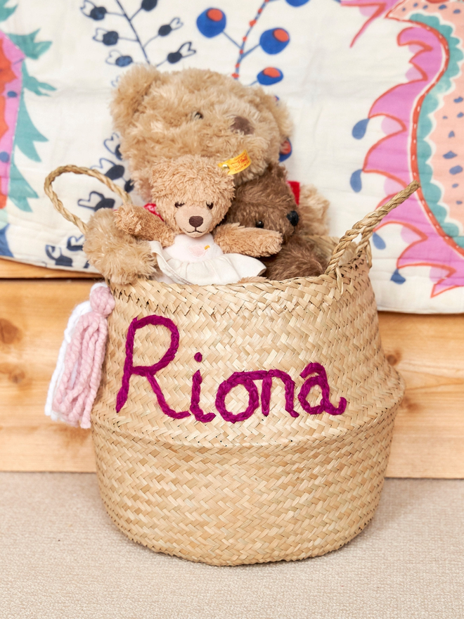 Personalised Pink Belly Basket with teddys and a pink tassle