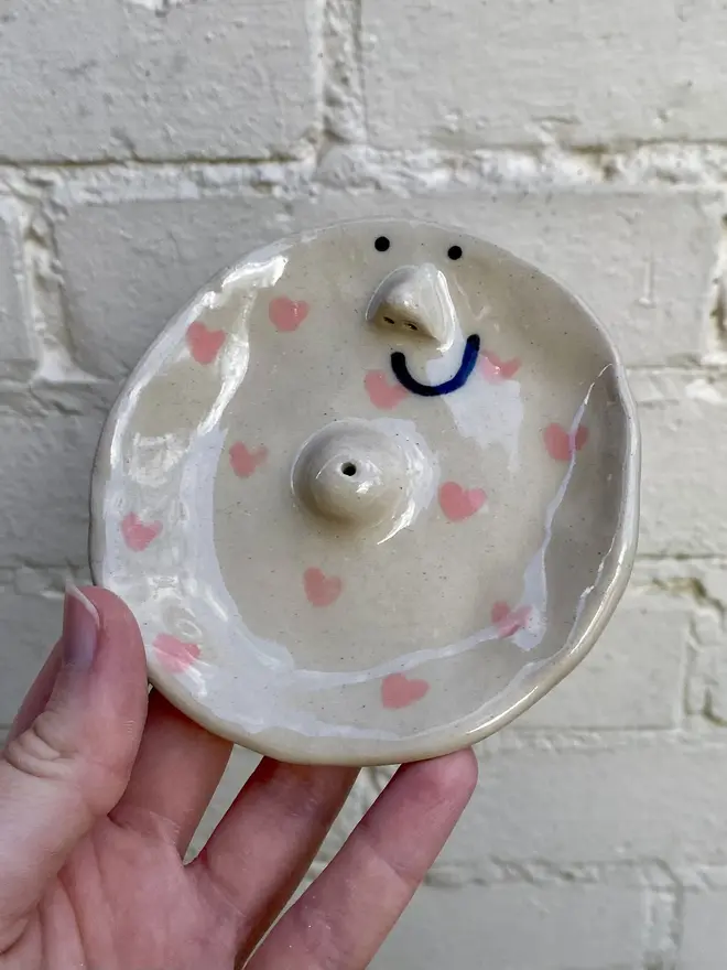 pink love heart handmade ceramic incense dish