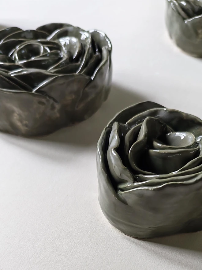 dark green glazed handmade ceramic roses